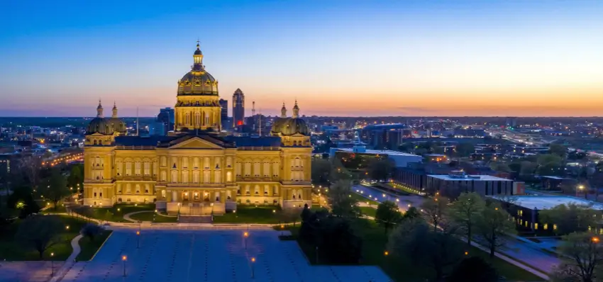 Aerial View of the Iowa Skyline and State Capitol Building at Night
